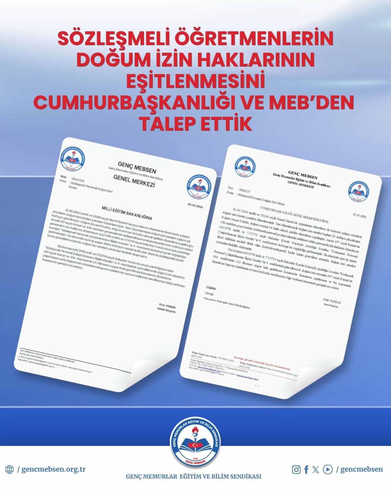 Sözleşmeli Öğretmenlerin Doğum İzni Haklarının Eşitlenmesiyle İlgili Bakanlığa Talepte Bulunduk